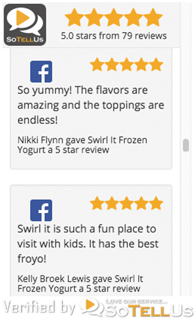 The SoTellUs widget displays your top Facebook business reviews on your website for your potential customers to see.